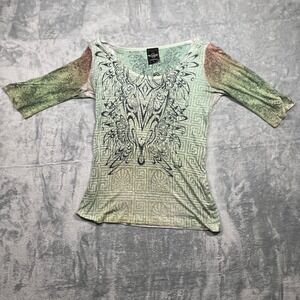 Sledge USA Womens Graphic Print Embellished 3/4 Sleeve Top Shirt Made in USA L